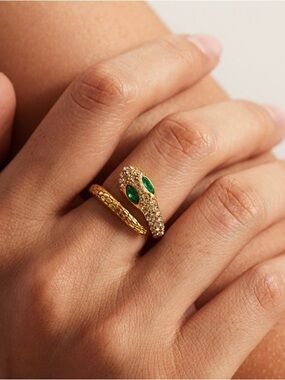 18K Gold Plated Snake Adjustable Ring with Emerald Accents